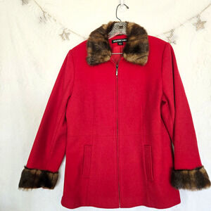 Vintage Red Large 100% Wool Coat Faux Fur Trim Zip Jacket Glamorous 80s Retro